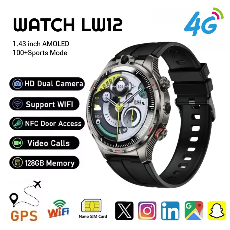 Updated LW12 Android 4G Smart Watch SIM Card 1.43 inch Amoled Smartwatch With Dual Camera GPS Position WIFI Apps Dwonload