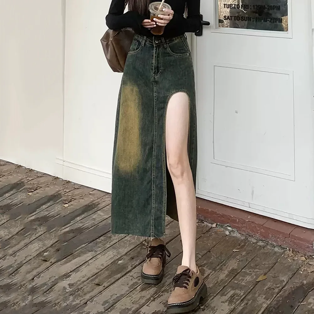 

New Women Spring Summer Sexy Denim Skirt Fashion Vintage High Waist Hip Wrap Loose Long Skirt Casual Plus Size Jeans Skirt