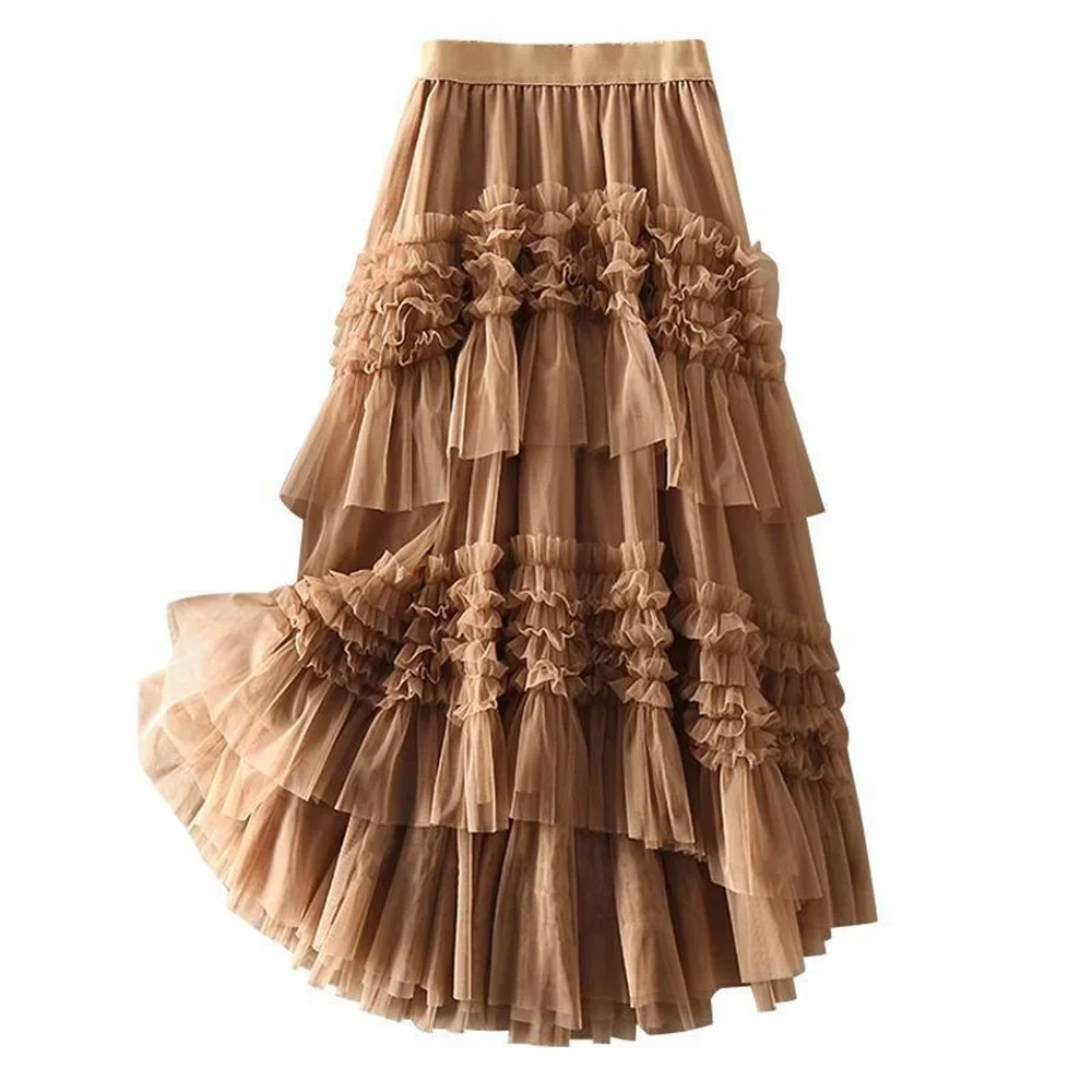 Fashion Princess Lace Ruffles Mesh Skirt Sweet Ladies Girl Midi Ball Gown Tulle Skirt Spring Summer Women Asymmetrial Long Skirt