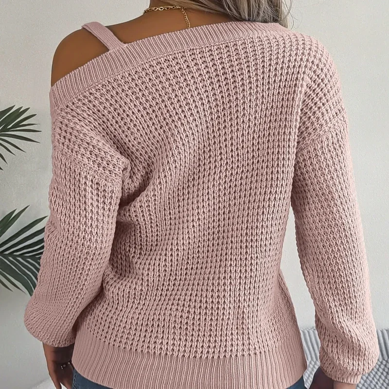 Casual Sexy Off Shoulder Sweater Women Autumn Winter Metal Buckle Splicing Slash Neck Knitted Pullovers Long Sleeves Jumpers 4