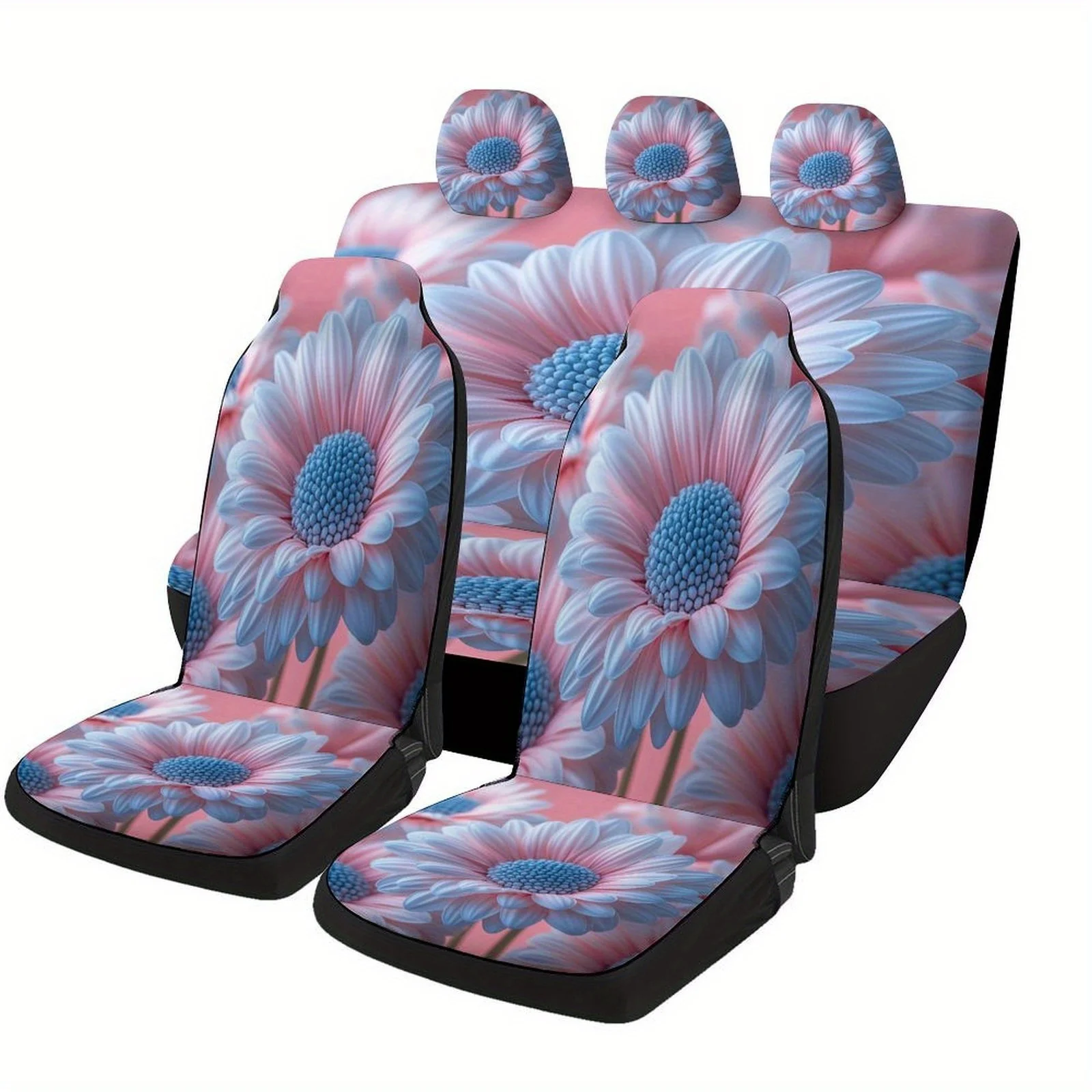 Set Of Car Seat Covers Featuring A Pink Daisy Bloom Design, Suitable For A Variety Of Vehicles. These Stylish And High-Quality P