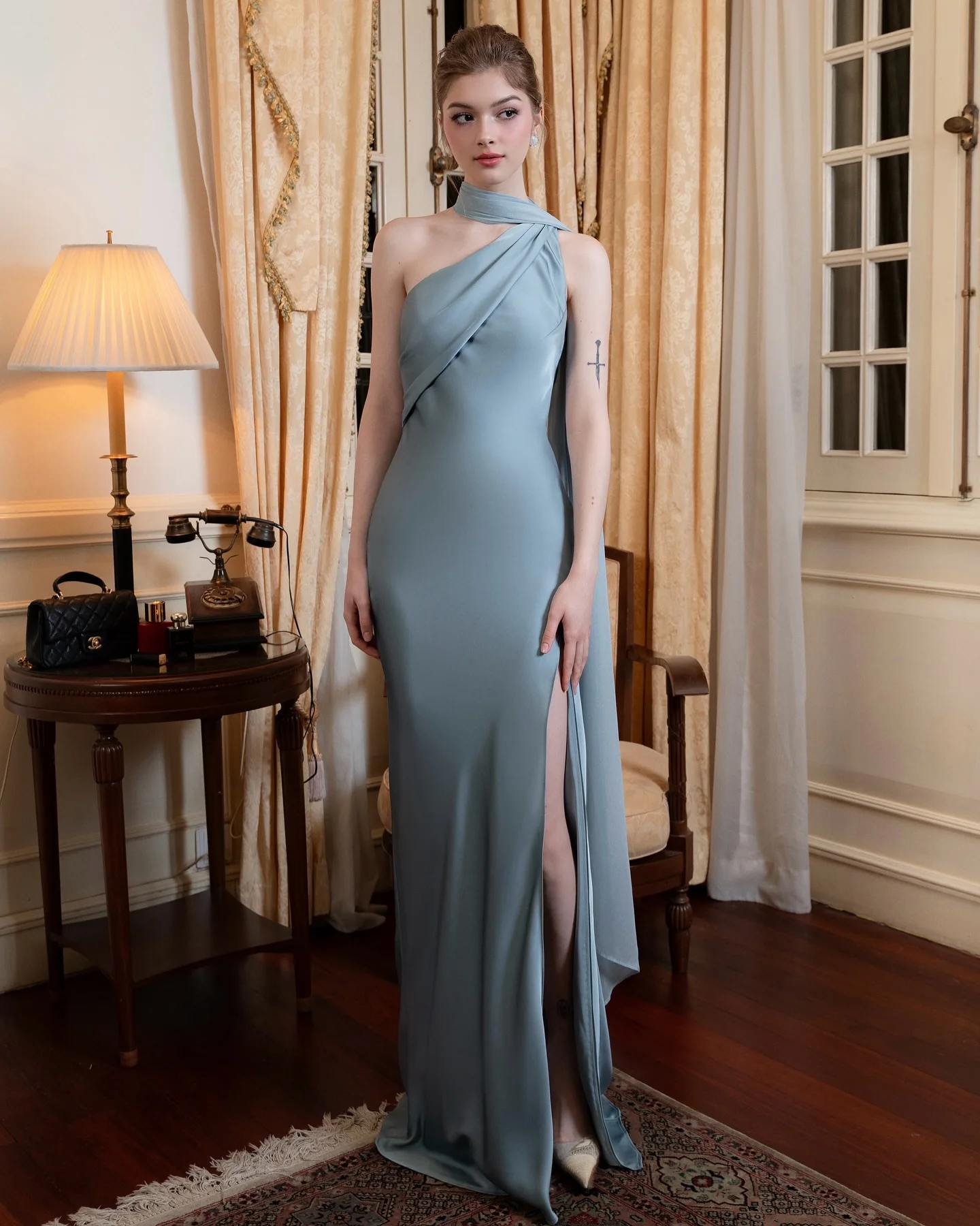 

Customized Graceful Satin Straight One Shoulder Ribbons Evening Dresses Sleeveless Lace Up Back Watteau Train Party Dress