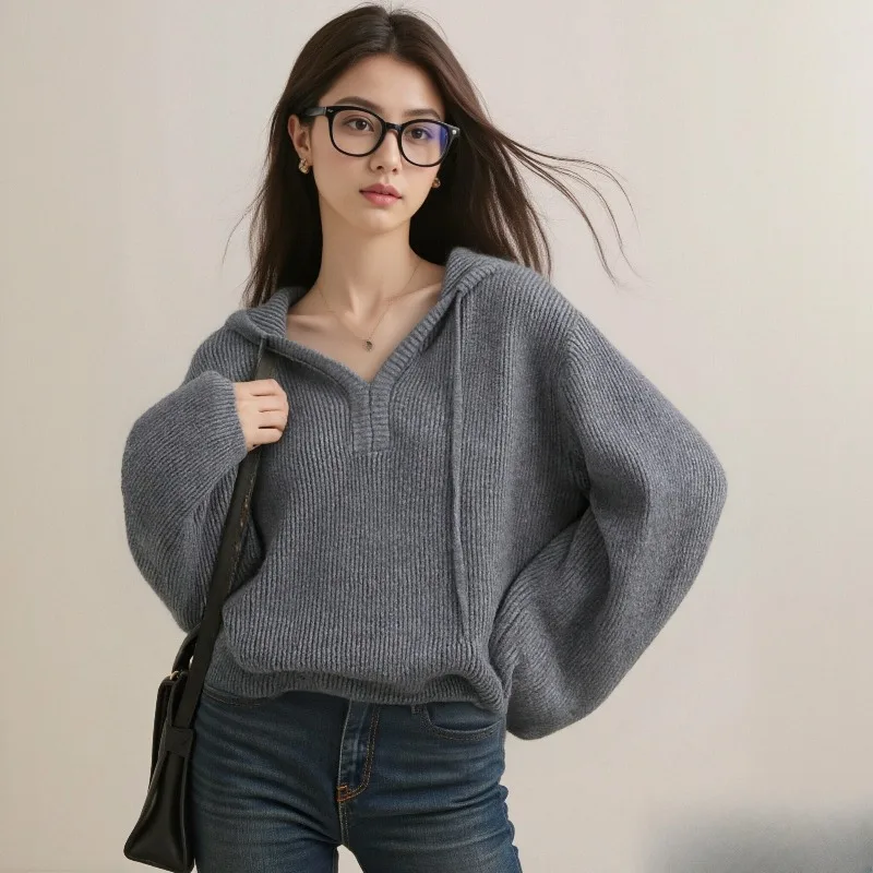

Сплошной цвет с v-образным вырезом, прямой женский свитер с капюшоном и длинными рукавами, осень-зима, модный простой вязаный пуловер в ленивом стиле, новый топ