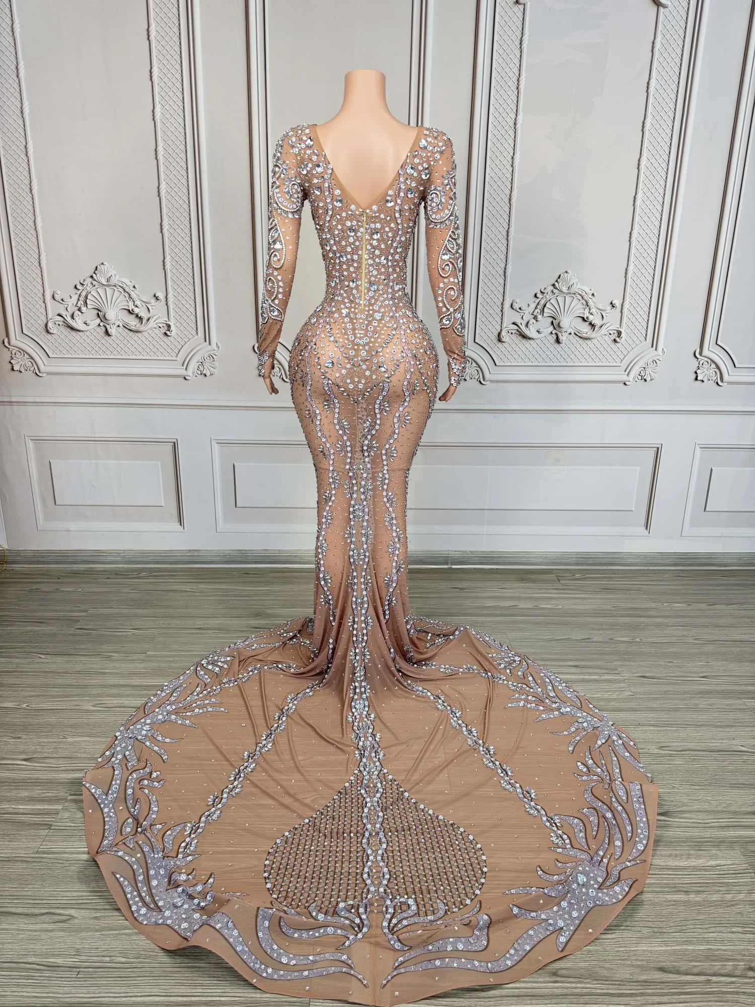 섹시한 아름다움 피쉬테일 이브닝 드레스 화려한 다이아몬드 퍼스펙티브 메쉬 파티 연회 연예인 레드 카펫 런웨이 가운 huacong