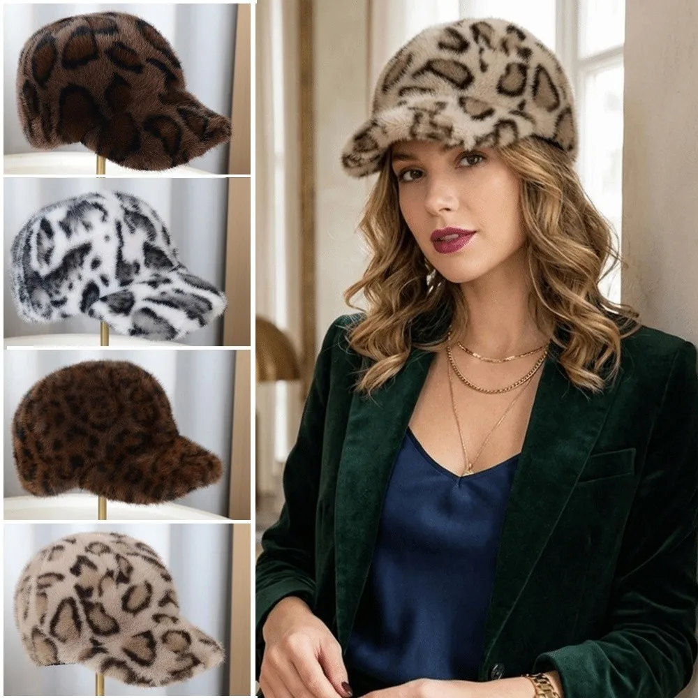New Leopard Print Faux Mink Cap Thick Lining Warm Baseball Cap Adjustable Fit Duckbill Hat Autumn Wear