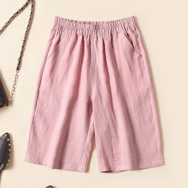 Solid Shorts Women Summer Casual Cotton Linen Straight Short Pants Korean Style Elastic Waist Five-point Trousers Women Clothing