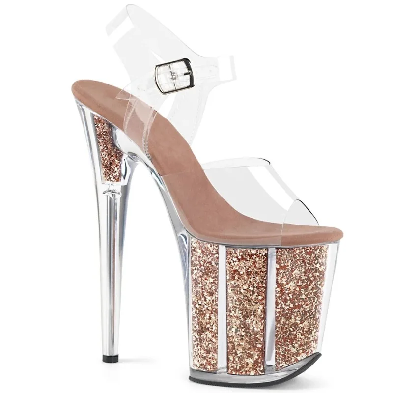 Model Dancing Shoes Summer Super High Heel 20CM Women Sandals PVC Transparent Platform Peep Toe Buckle Strap Sequins Pumps 34-46