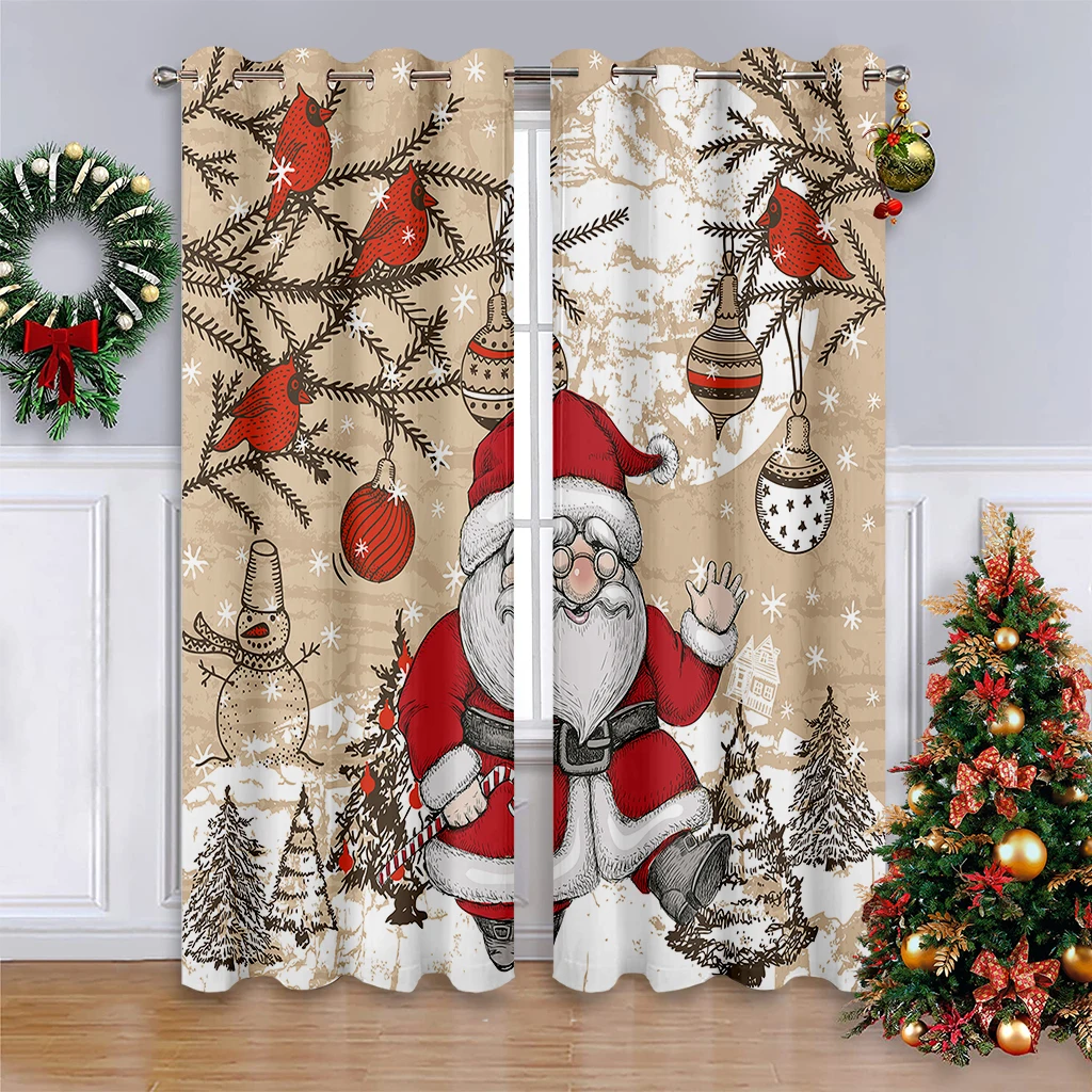 Curtains With Cartoon Santa Claus Print, 100% Polyester, Light-Filtering Curtains For Holiday Party Decor, Machine Washable.
