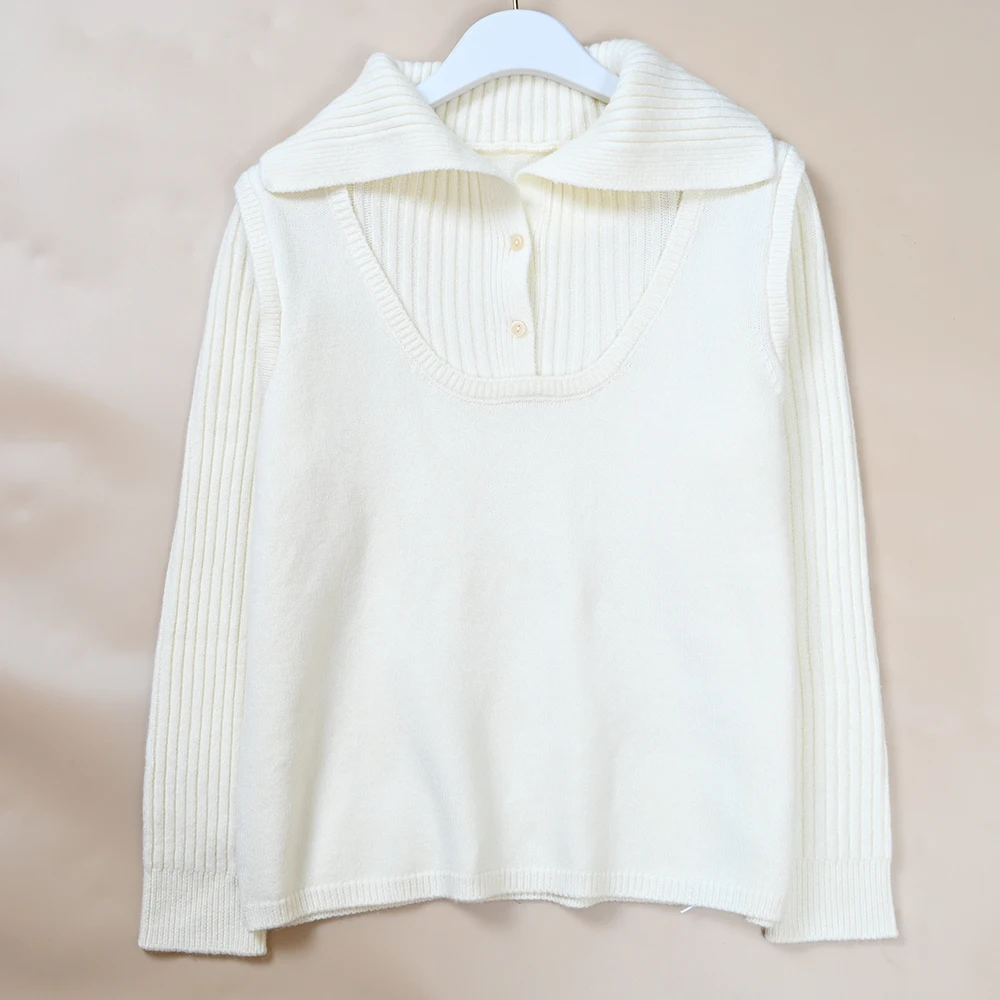 Spring New Women's Long Sve Crew Ne Pullover Knitwear Button Design Splice Warmth Thermal Commute Sle Loose Fit Knitwear