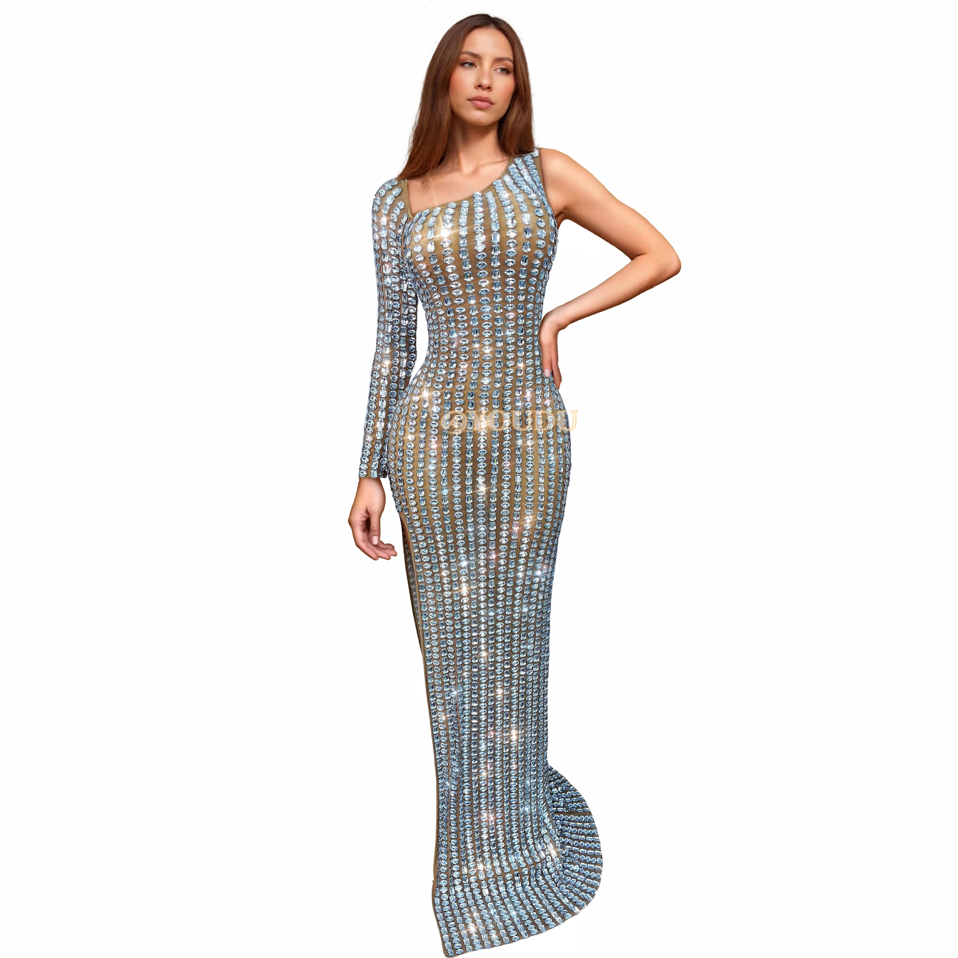 

New Luxurious Sparkly Rhinestones One shoulder Mesh Dress Women Birthday Celebrate Cocktail Party Gown Red carpet Outfit Zuange
