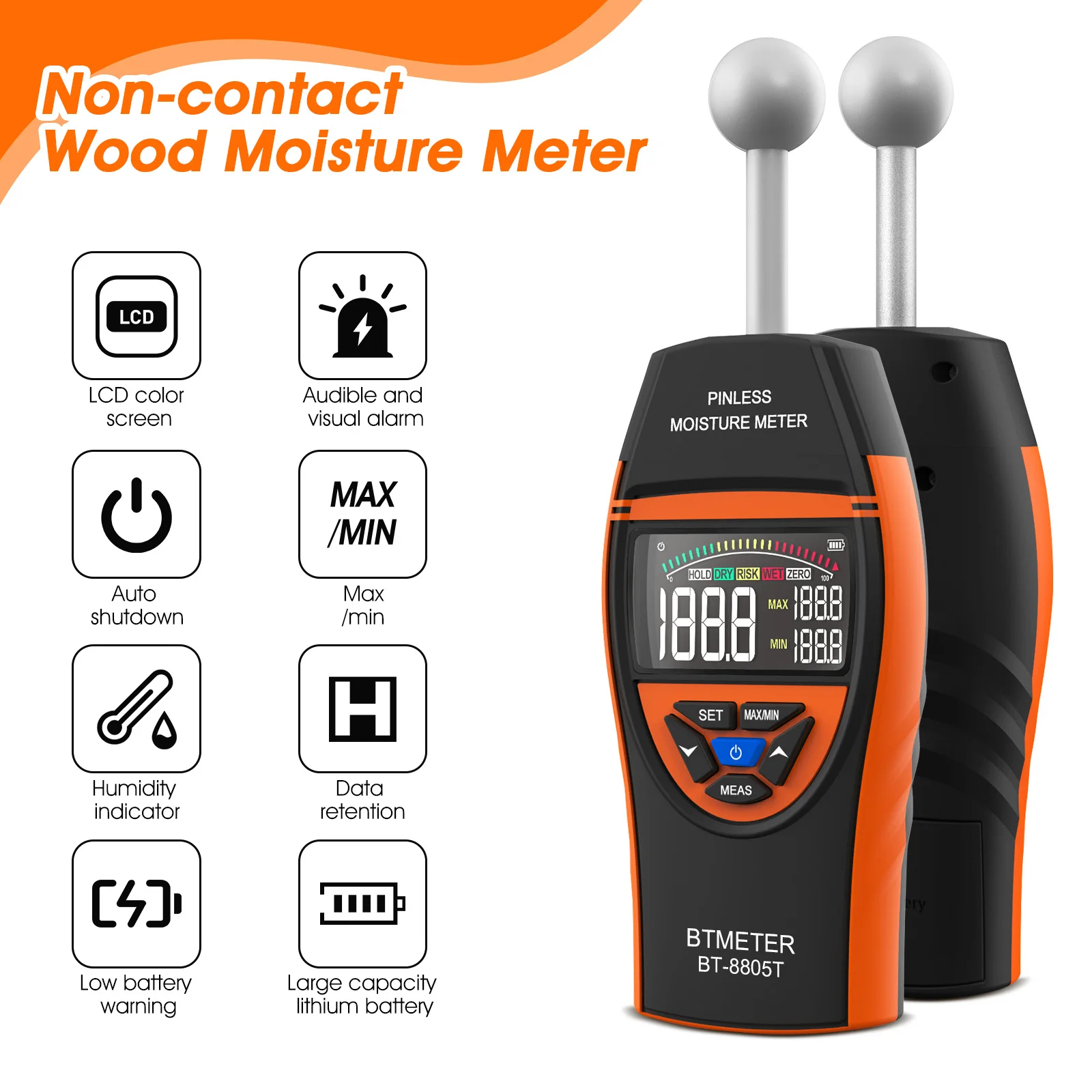 

Digital Moisture Meter Non-Contact, 20-40mm Detection Depth for Wood Walls Concrete, Pinless Damp Tester with Color Screen