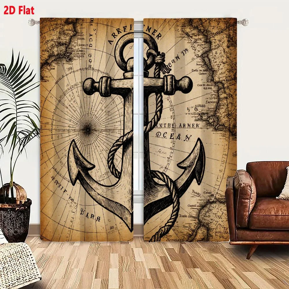 2Pcs Curtains 2D Flat Vintage Black And White Nautical Anchor With Rope On Old Sepia Nautical Chart Background Compass Rose Land
