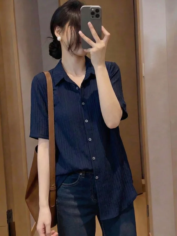 

Slimming plus Size Women's Blue V-Neck Short Sleeve Shirt Korean Style Commute Fashion Spring Summer New Arrival Cover Belly