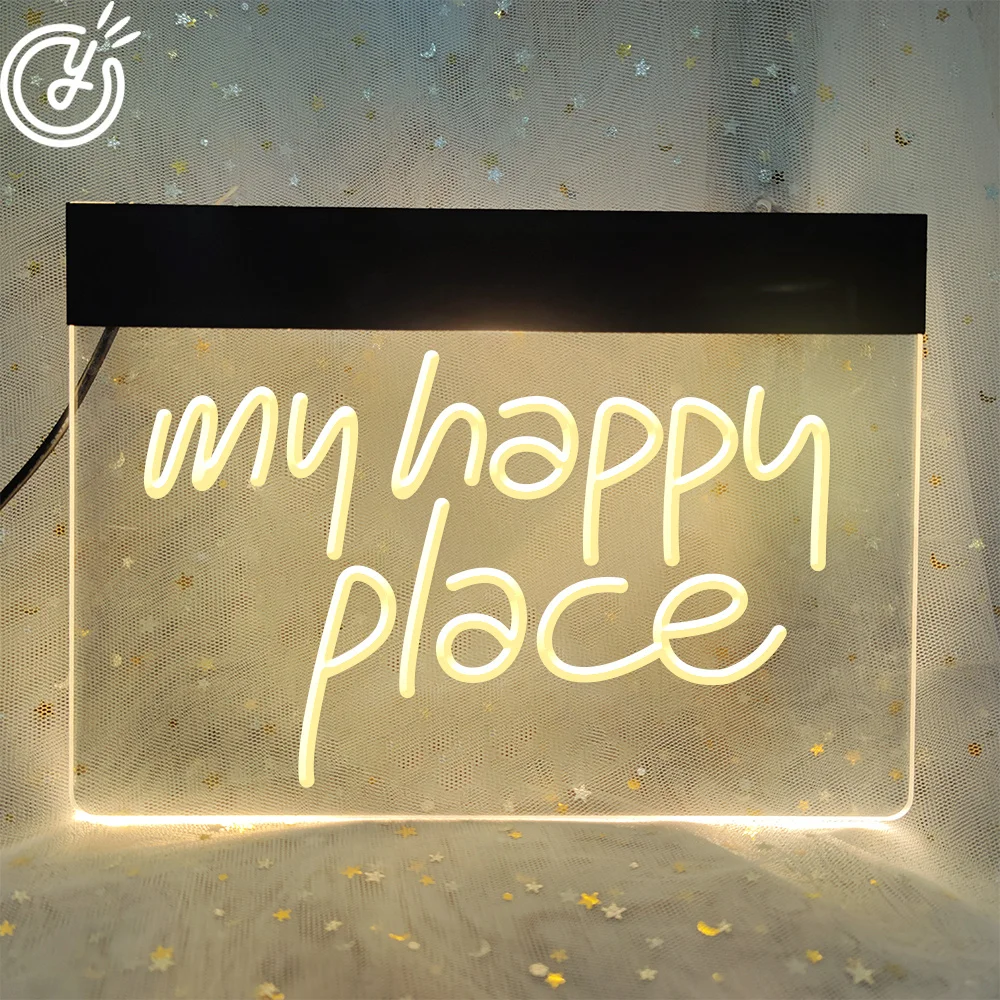 My Happy Place 3D Carving Neon Sign LED for Bedroom Light For Wall Decor Happy Light Wedding Decoration Birthday Party Girl neon