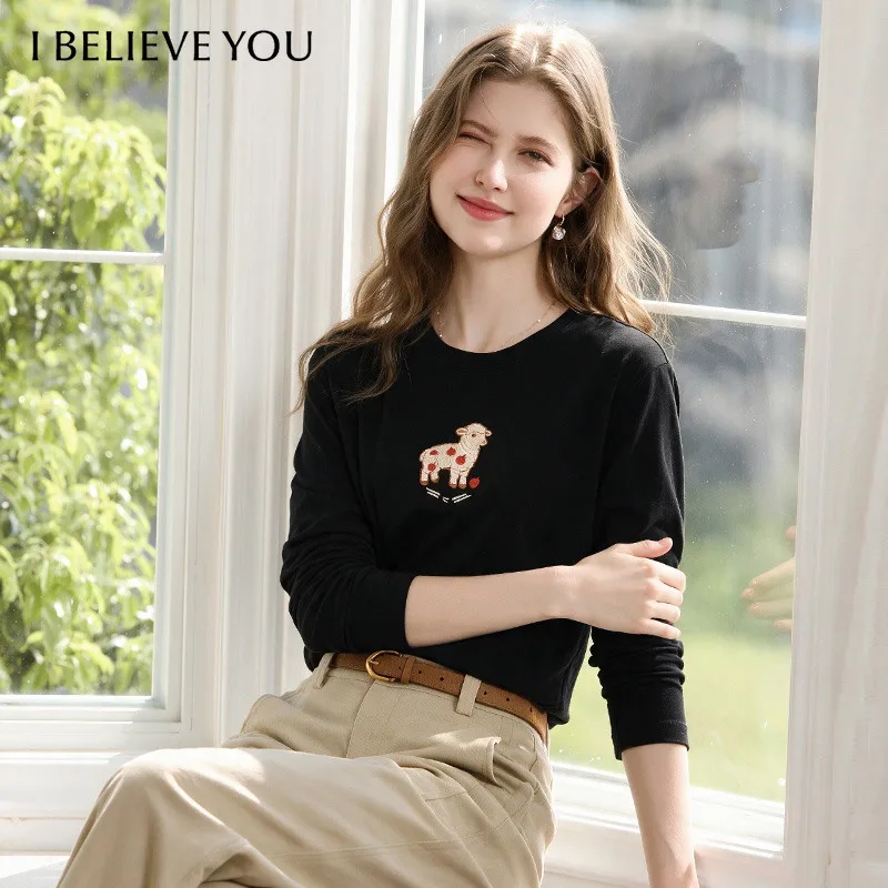 I BELIEVE YOU Women's Sheep Embroidery Long Sleeve T‑Shirt 2026 Autumn Black Cotton Basic Top Casual Versatile Tees 2264016423