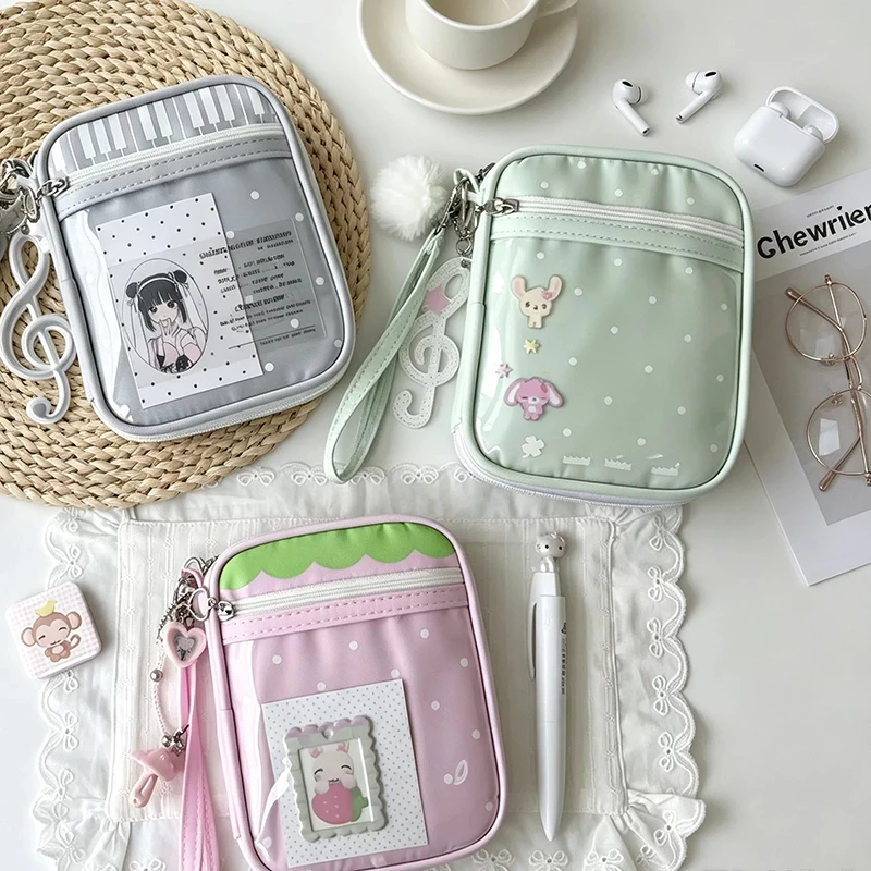 Sweet Polka Dot Coin Purse Multi‑card Slots  Clear Photo Window Zip Wallet Cute Wristlet Card Case Portable Earphone Storage Bag