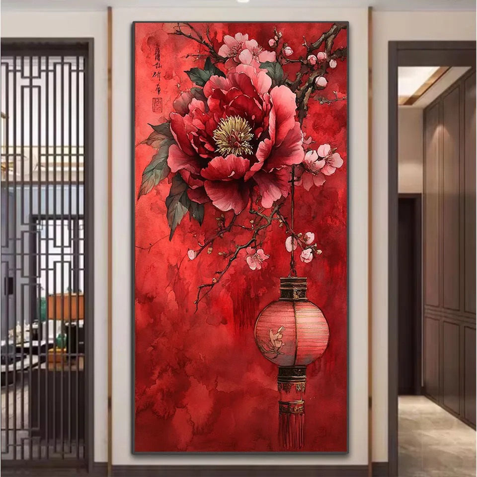 

DIY Spring Festival diamond painting mosaic PLantern Peony Red embroidery 5D full drill square diamonds cross stitch home decor