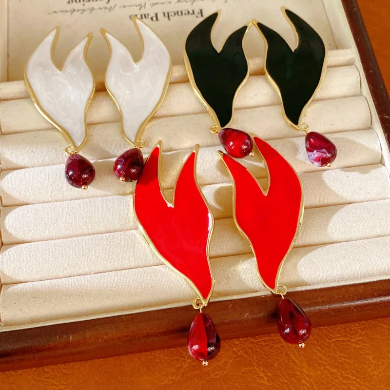 Fashion Show Abstract Flame Enamel Dangle Earrings Marbled Red Glass Drop Statement Long Jewelry For Women Gift