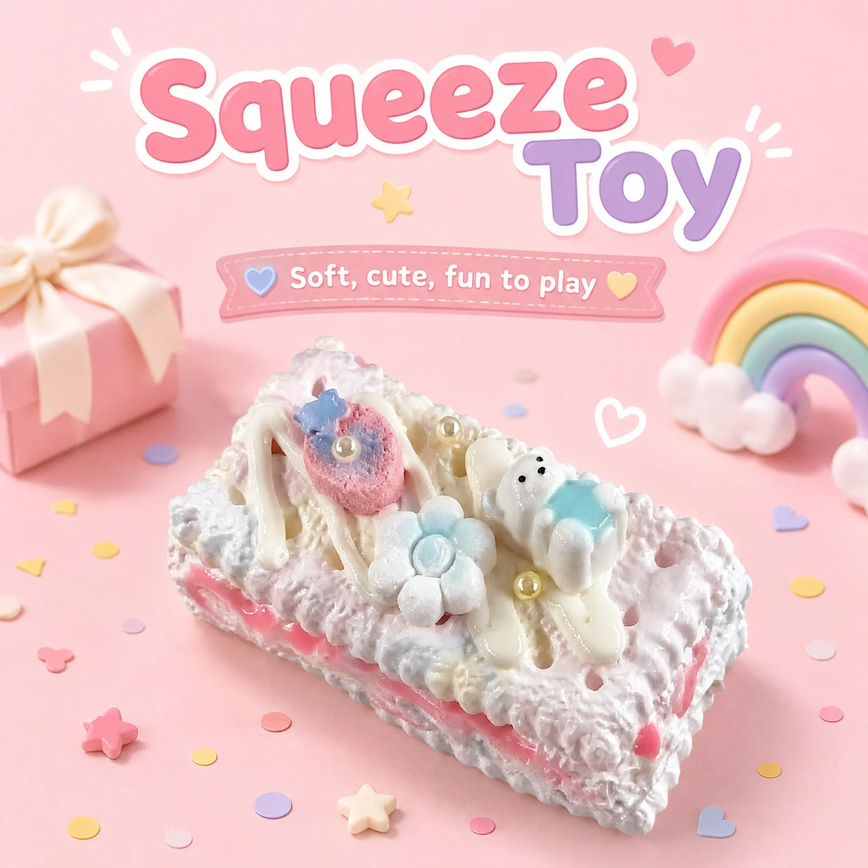 Food Grade Silicone Rectangle Cake Squishy Toy Cute Bear Flower Pearl Decor Soft Mochi Squeeze Fidget Stress Relief Sensory Toy