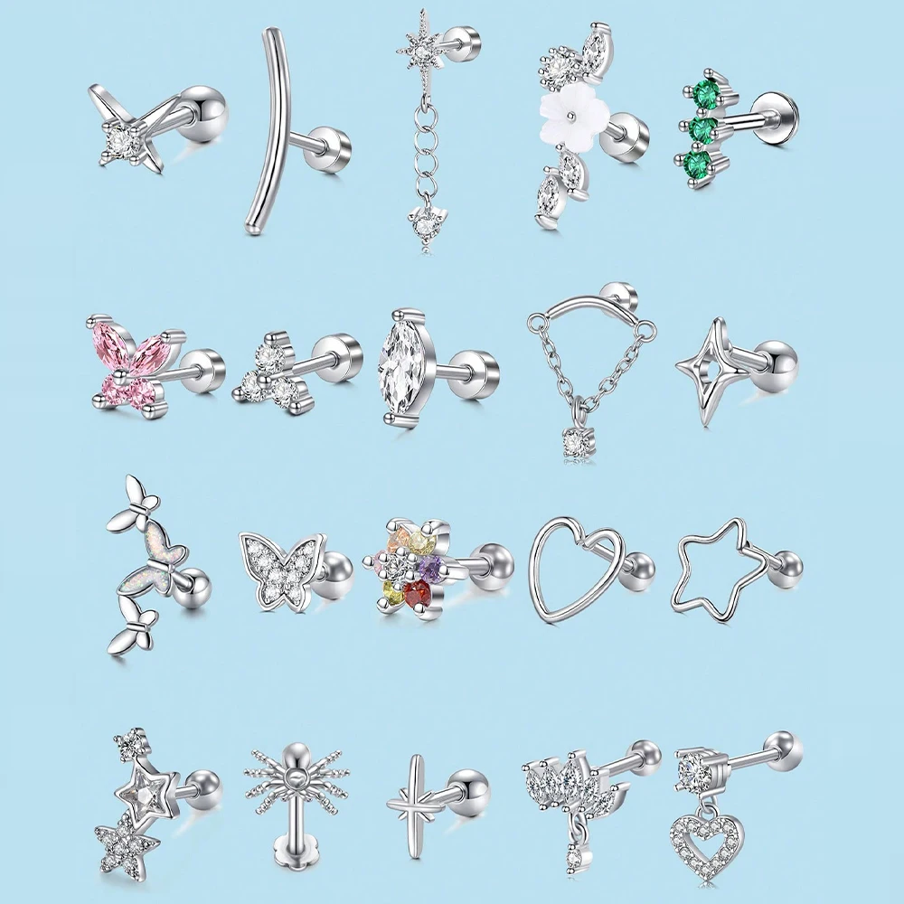 Juego de pendientes de cartílago plateado, pendientes de tuerca de circonia cúbica de acero inoxidable de 16G, joyería de perforación hipoalergénica de hélice de concha de cartílago, 1 ud.