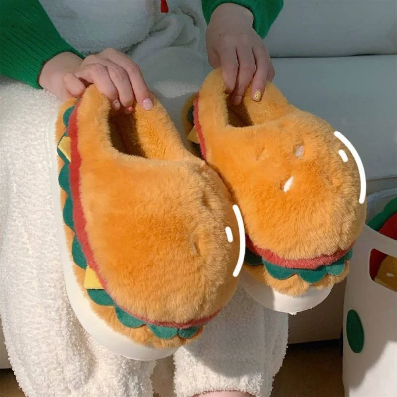 

Новинка тапочки с гамбургерами для мужчин и женщин Смешные сланцы witner домашние теплые мюли мужские пушистые тапочки для комнаты креативный подарок на день рождения
