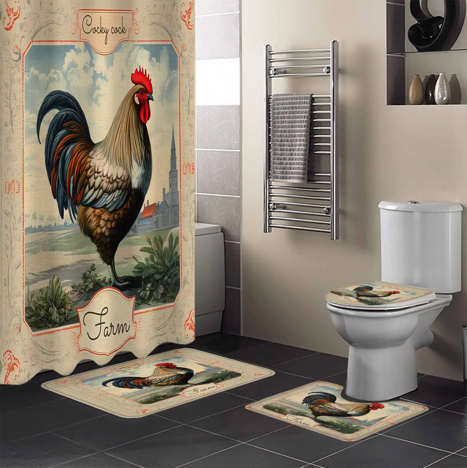 Animal Rooster Farm Shower Curtain Non-Slip Rugs Toilet Lid Cover and Bath Mat Bathroom Curtains with Hooks