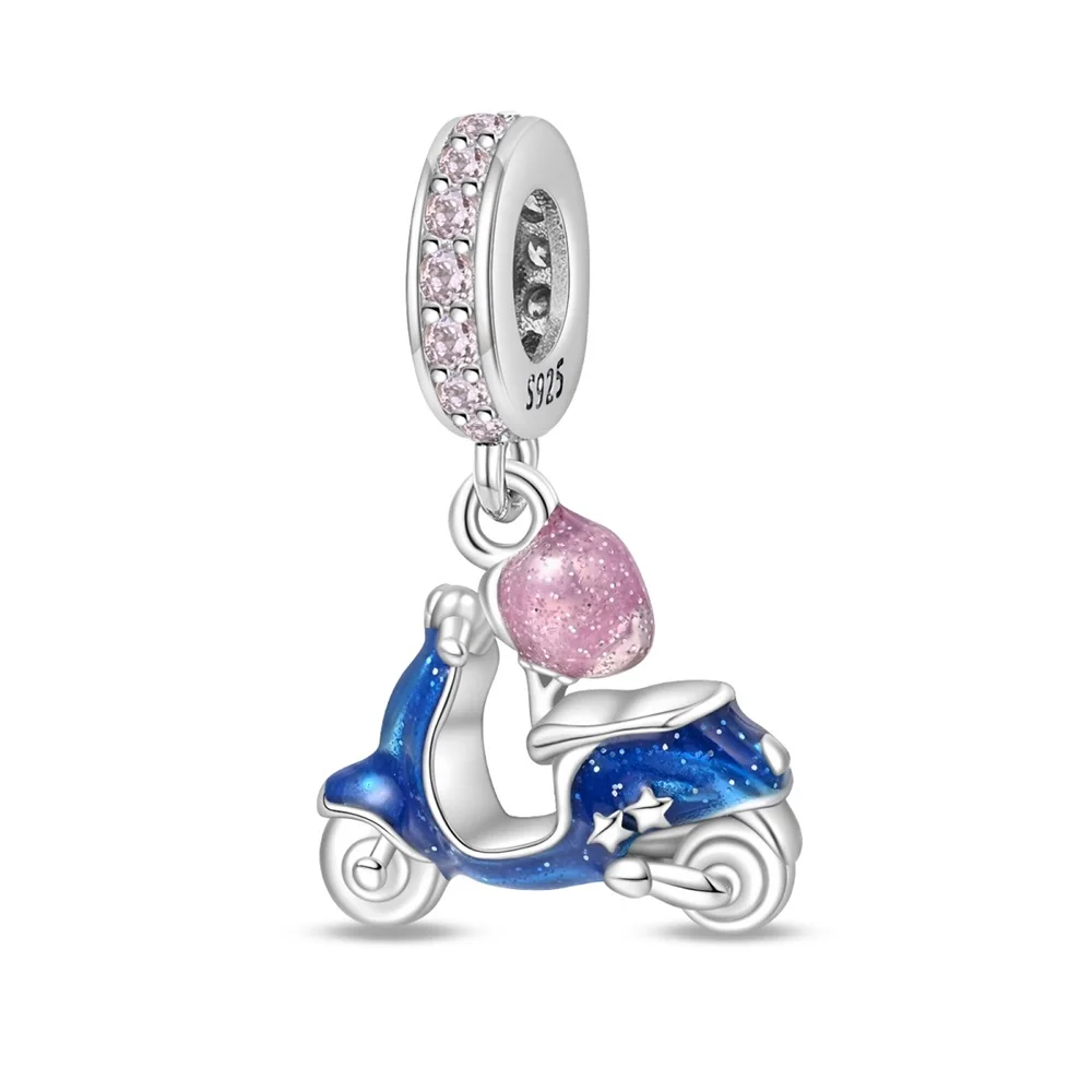 Brilliant 925 Sterling Silver Blue Star Electric Car Pink Helmet Charm Fit Pandora Bracelet Women's School Jewelry Accessories