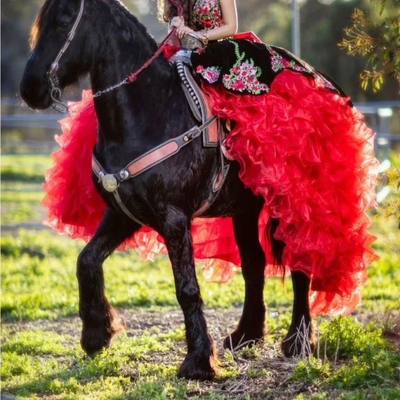 فساتين Charro Quinceanera باللونين الأسود والأحمر مزينة بالدانتيل على شكل قلب بدون حمالات طويلة للحفلات الراقصة بفيونكة خلفية مخصصة