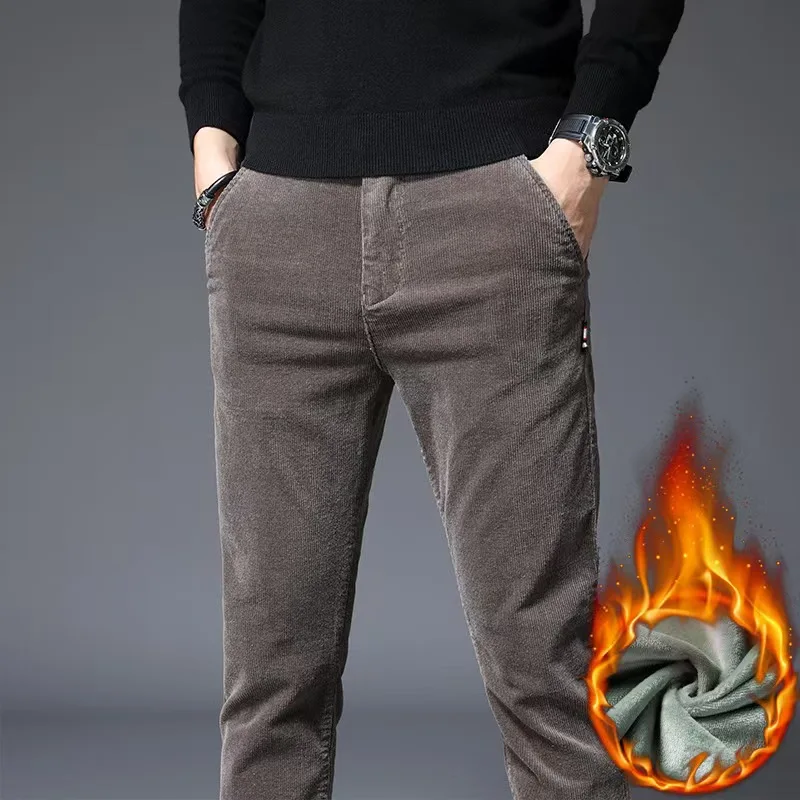 

Corduroy Autumn Winter 2022 Men's Stretch Casual Slim Straight Velvet Thicken Men's Trousers Fashionable Youth Army Green Pants