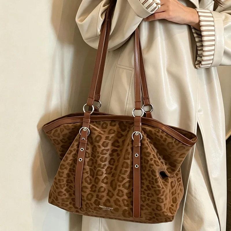 Trendy Vintage Leopard Print Tote Bag Women Large Capacity Frosted Texture Practical Women Shoulder Bag Daily Commute Travel Bag