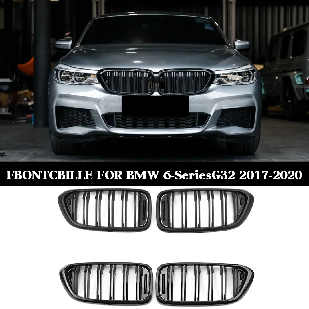 

For BMW 6-SeriesG32 2017-2020Carbon Fiber Look Front Grille, Glossy Double Line Racing Kidney Grills Replacement for 640i 630iGT