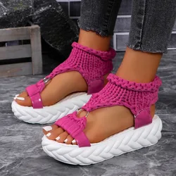 Fashion Sandals Summer New Round Head Shallow Mouth Knitted Metal Trap Foot Anti-slip Wear-resistant Flat Mid-heel Shoes