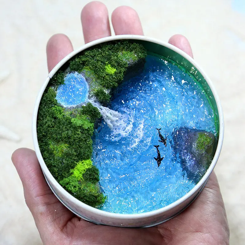 Dolphin Crescent Island Handmade Creative Iron Box Miniature Landscape Healing Series Ocean Waterfall Resin Ornament Gift
