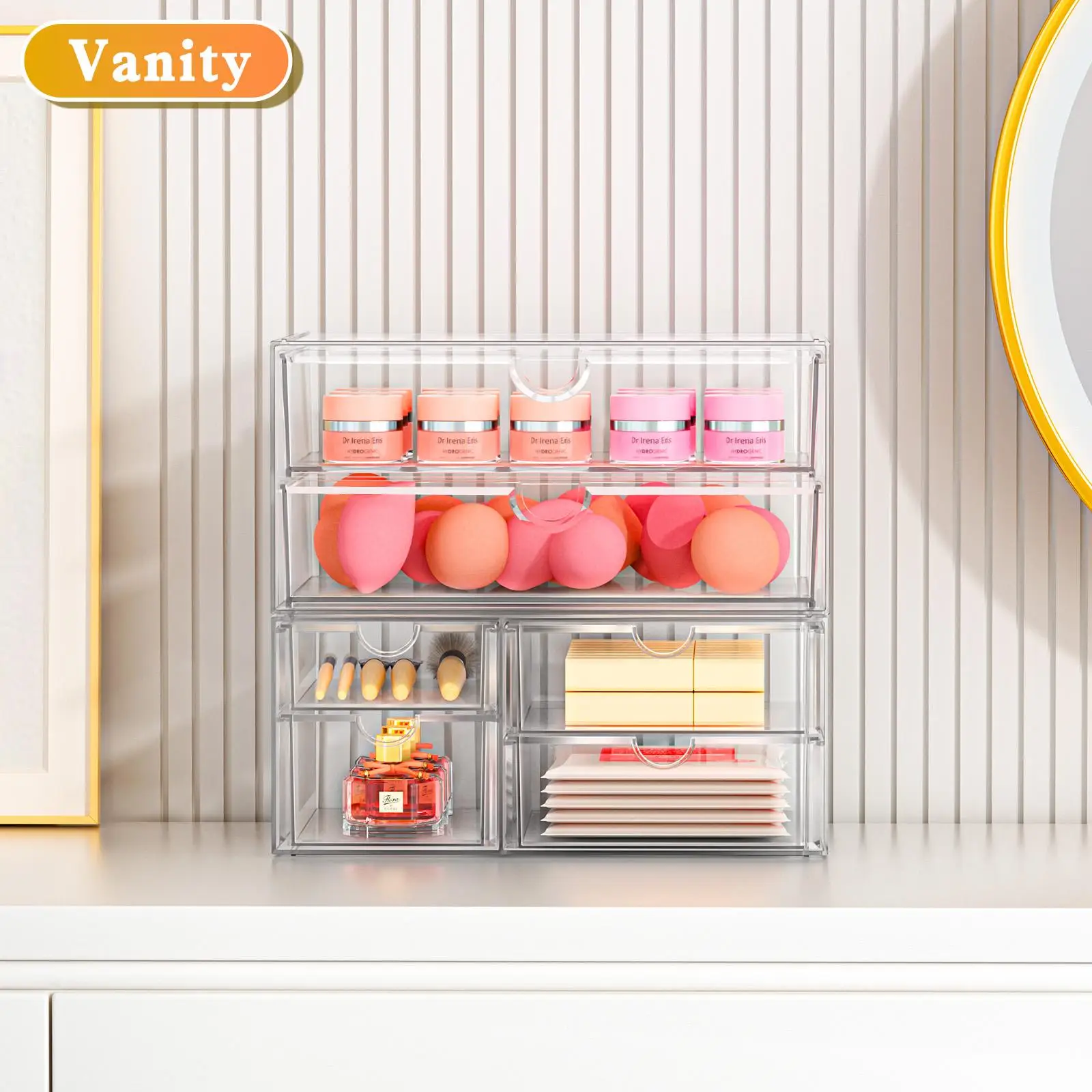 Clear Acrylic 6 Drawer Makeup Organizer Stackable Desktop Storage Box Cosmetic Jewelry Display Cabinet for Nail Polish Craft Beads Office Stationery Vanity Bathroom Bedroom Plastic Container