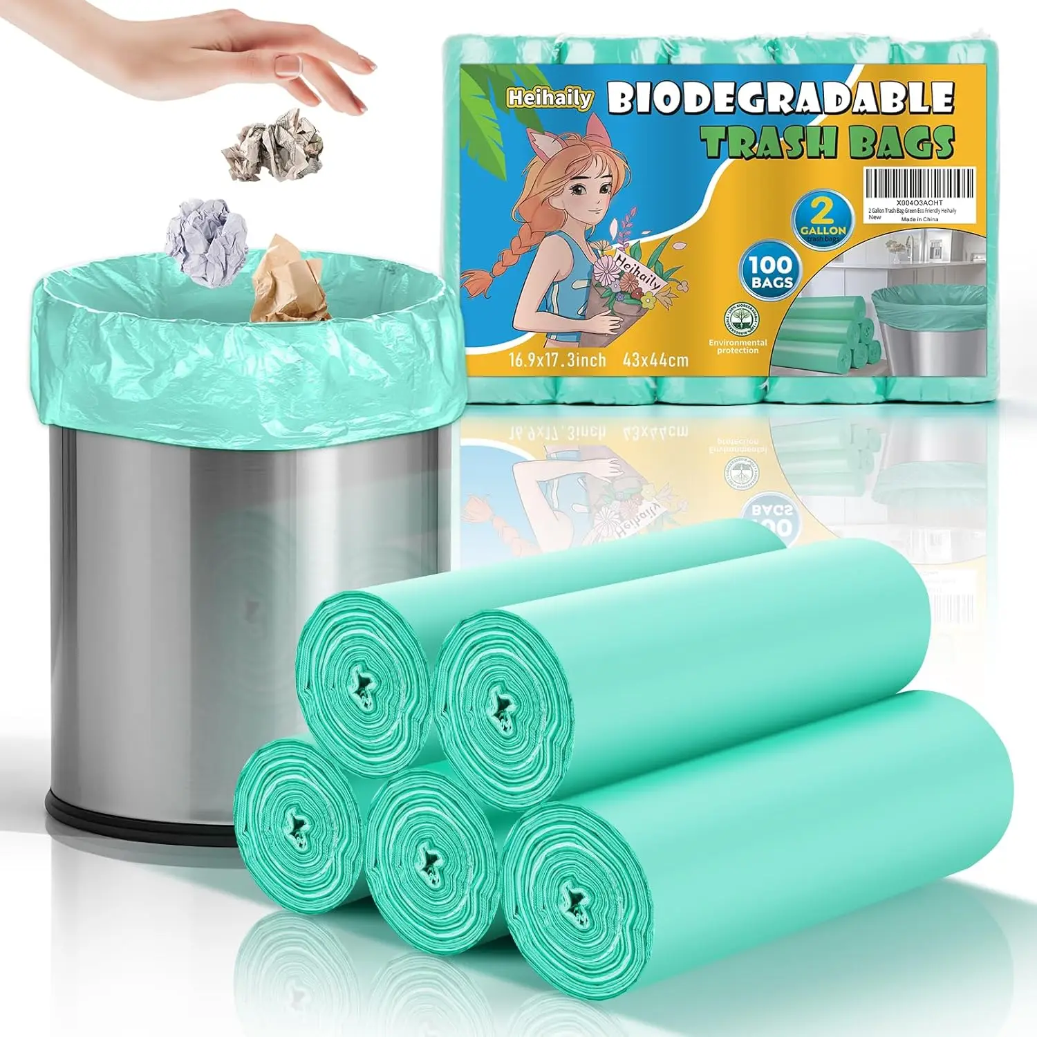 

Мини-мешки для мусора зеленого цвета, 2 галлона, 100 штук, компостируемые, биоразлагаемые, для ванной, кухни, офиса