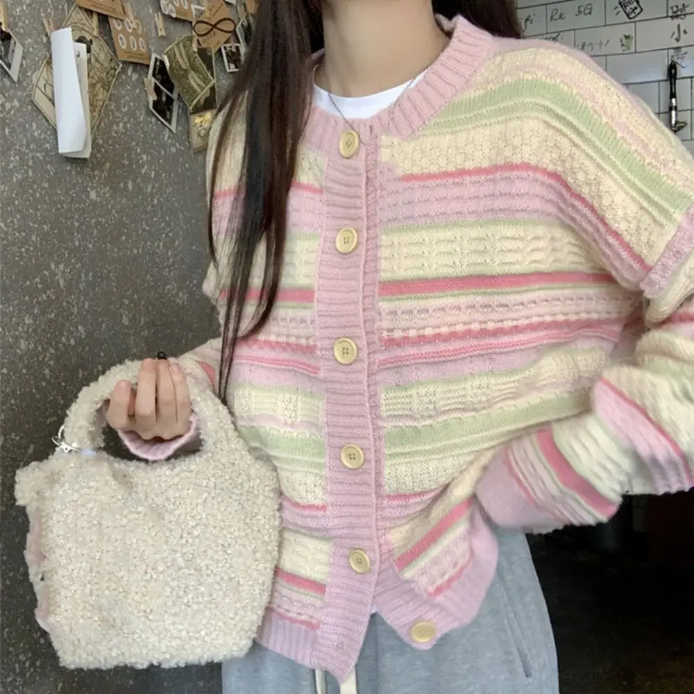 

Spring Long Sleeve Stripe Crochet Sweaters Autumn Spring Korean Sweet Knitwear Loose Ladies Top Cardigans Women Y2K Streetwear