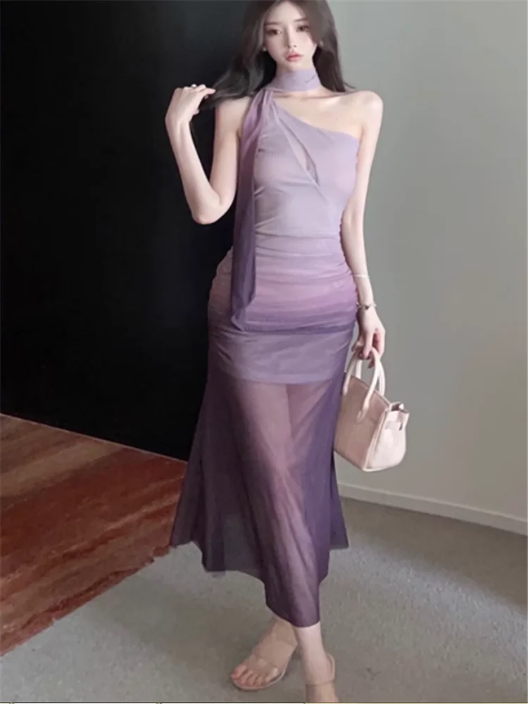 夏オンショルダーストラップレスメッシュシアーロングパーティードレススパイシーガールファッションホリデー不規則なホルターボディコンミディドレスローブ