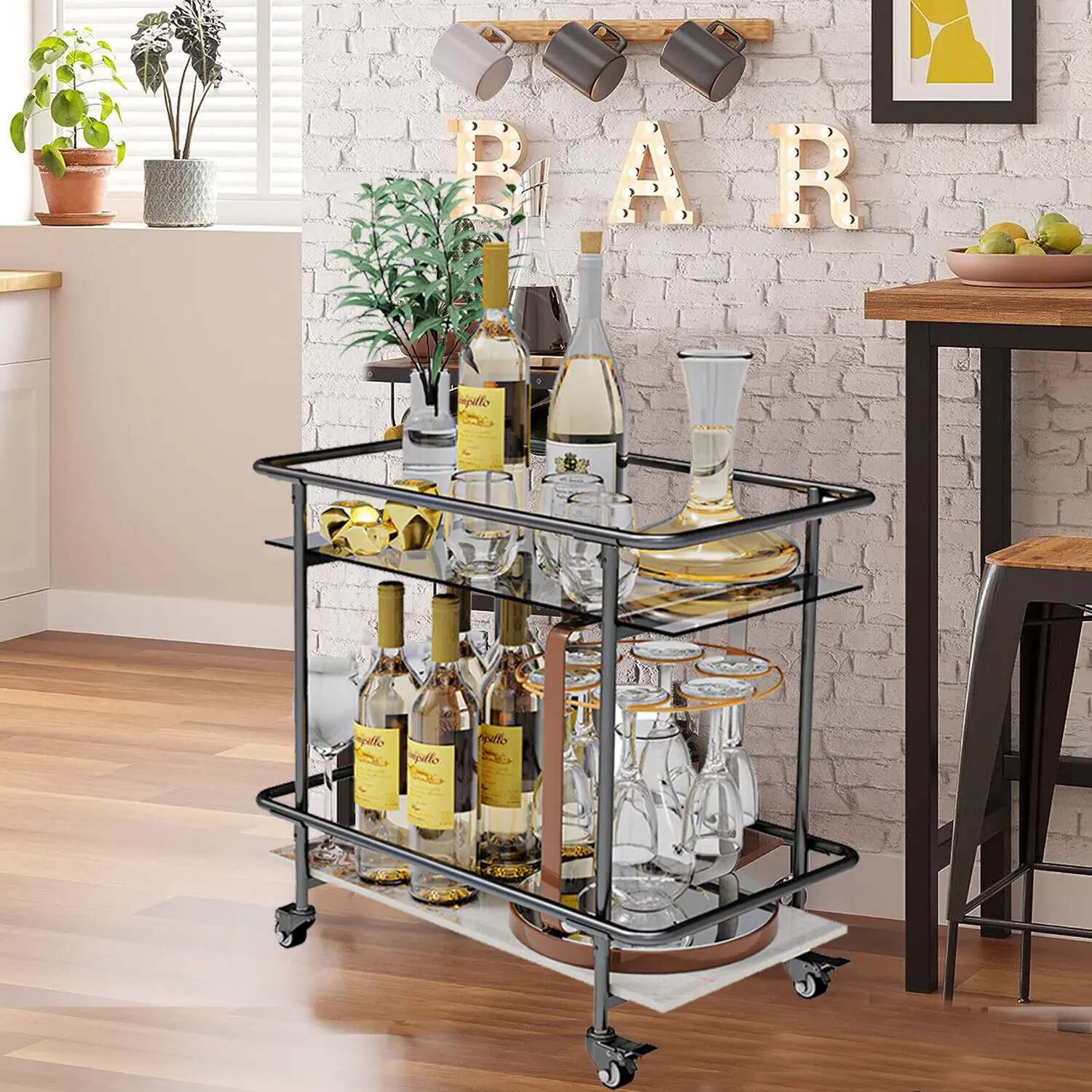 Rolling Bar Cart 2-Tier Mobile Home Coffee Metal Frame Tempered Glass Luxury Modern Serving Cart