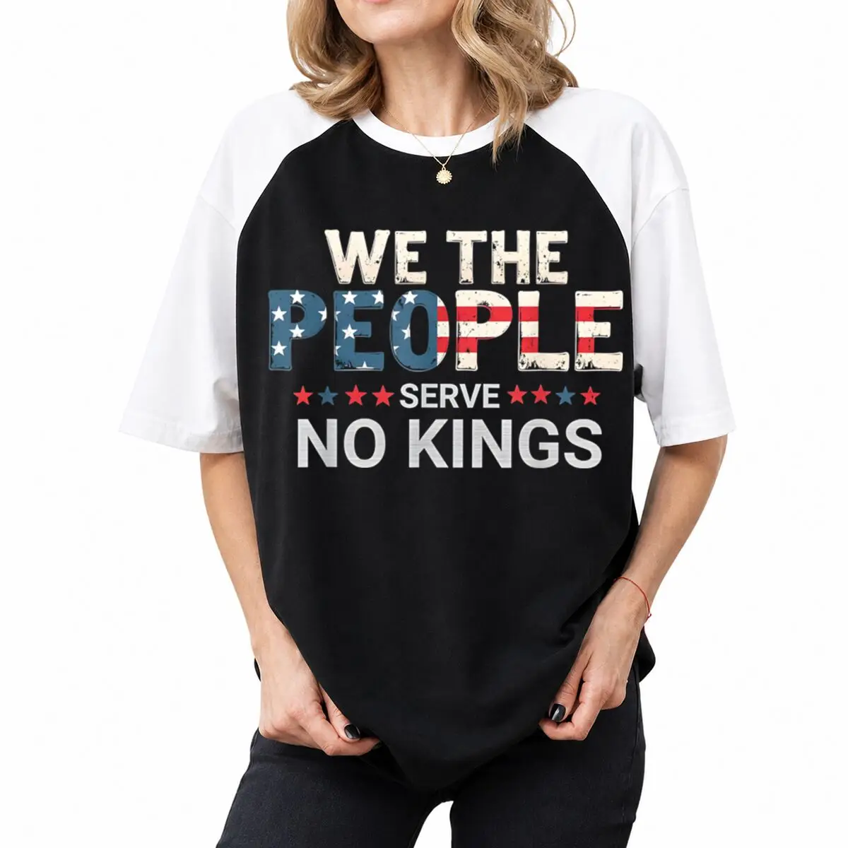 T-shirt vintage USA We The People Serve No Kings imprimé pour femme, en coton, à manches courtes, style raglan, 250e anniversaire, 4 juillet