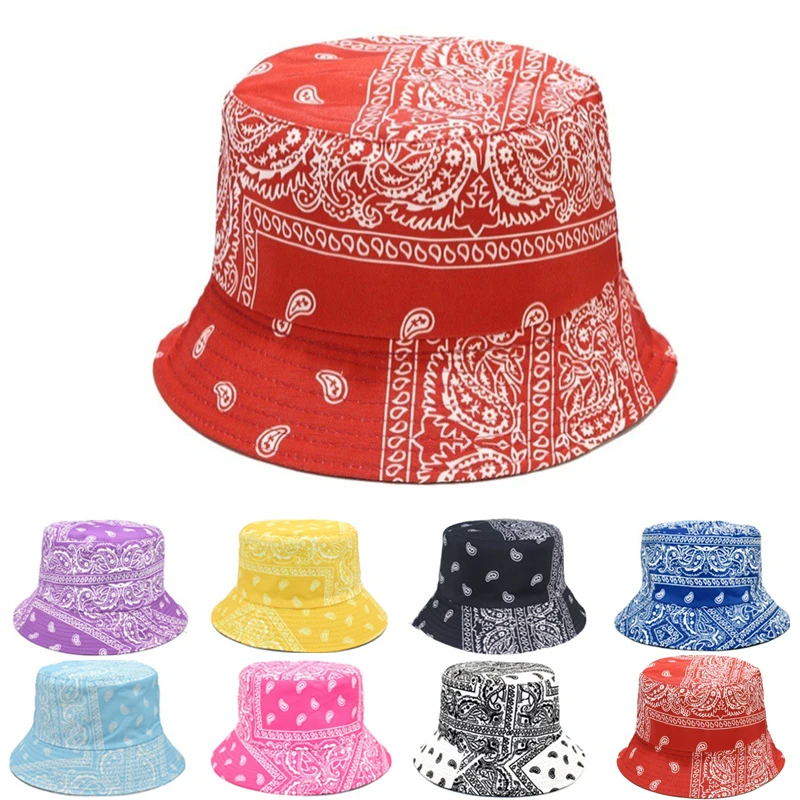 Women's Paisley Printed Bucket Hats Double-sided Bandana Panama Caps Men Outdoor Sport Sun Protection Fishing Fisherman Hat Bob