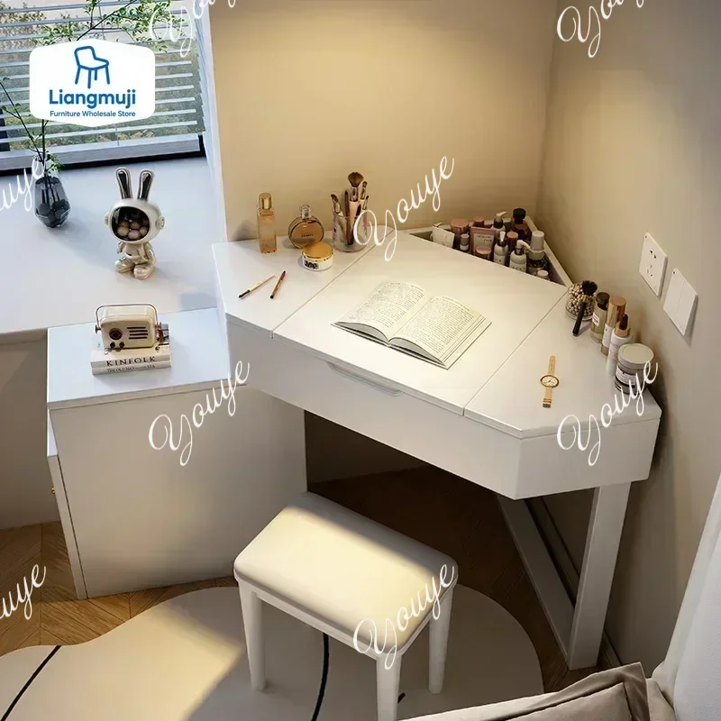 MX Modern Corner Dressing Vanity With Mirror And Makeup Vanity Set With Charging Station For Bedroom/Cloakroom Wooden Vanity Tab