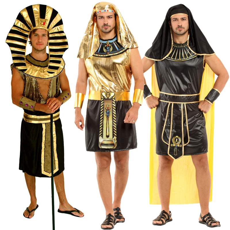 Adult Golden Ancient Egyptian Cosplay King Queen Robe Headwear Purim Party Fancy Dress Up