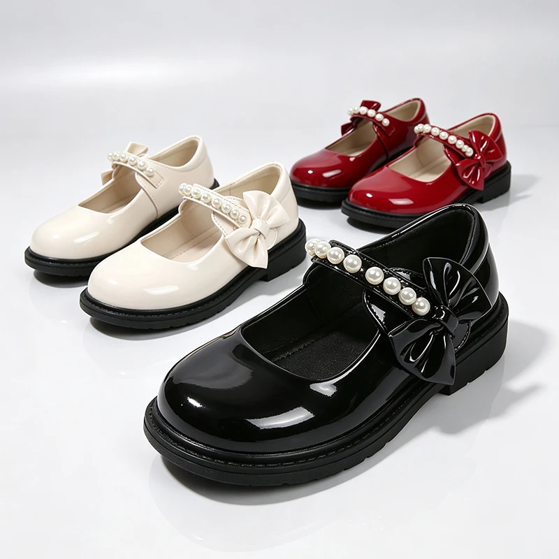 Shiny Leather Girls Pearl Bow Princess Mary Jane Dress Shoes Classic Flower Girl Wedding Church Graduation School Event Shoe