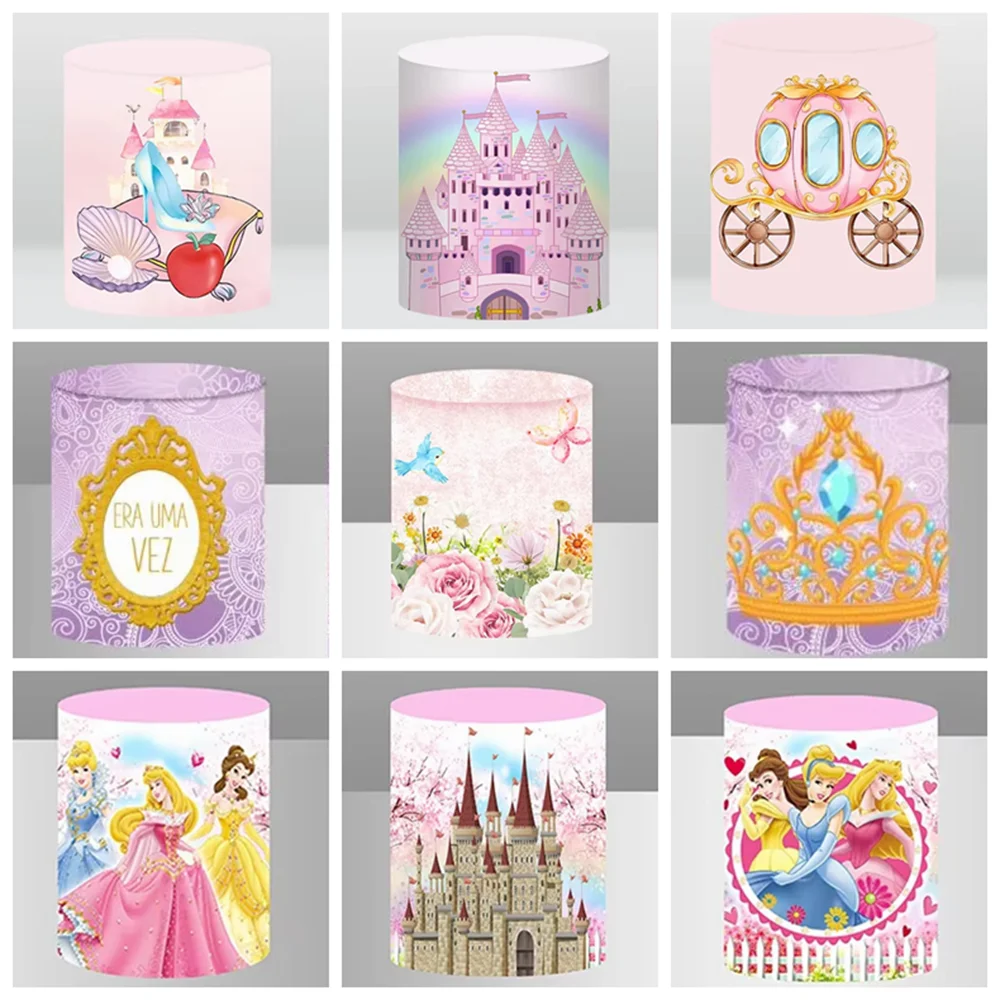 

Disney Princess Backdrop Photography Base Cylinder Cover Pink Castle Baby Shower Girls Birthday Elastic Party Decoration Cover