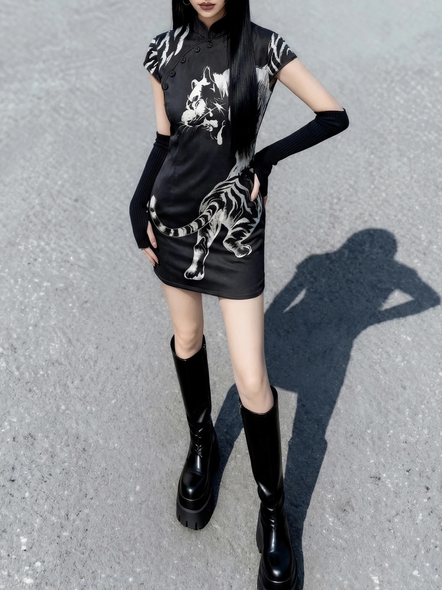 

Bla Tiger Print Knitted ort Skirt Chinese Sle Retro Flag Robe Women's Sweet Cool Spicy Slimming Faion Daily Wear