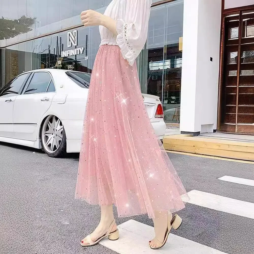 Starry Sequins Tulle Skirt A- Line Women's Student Autumn Winter New Release Mid-Length Two-Layer Underneath