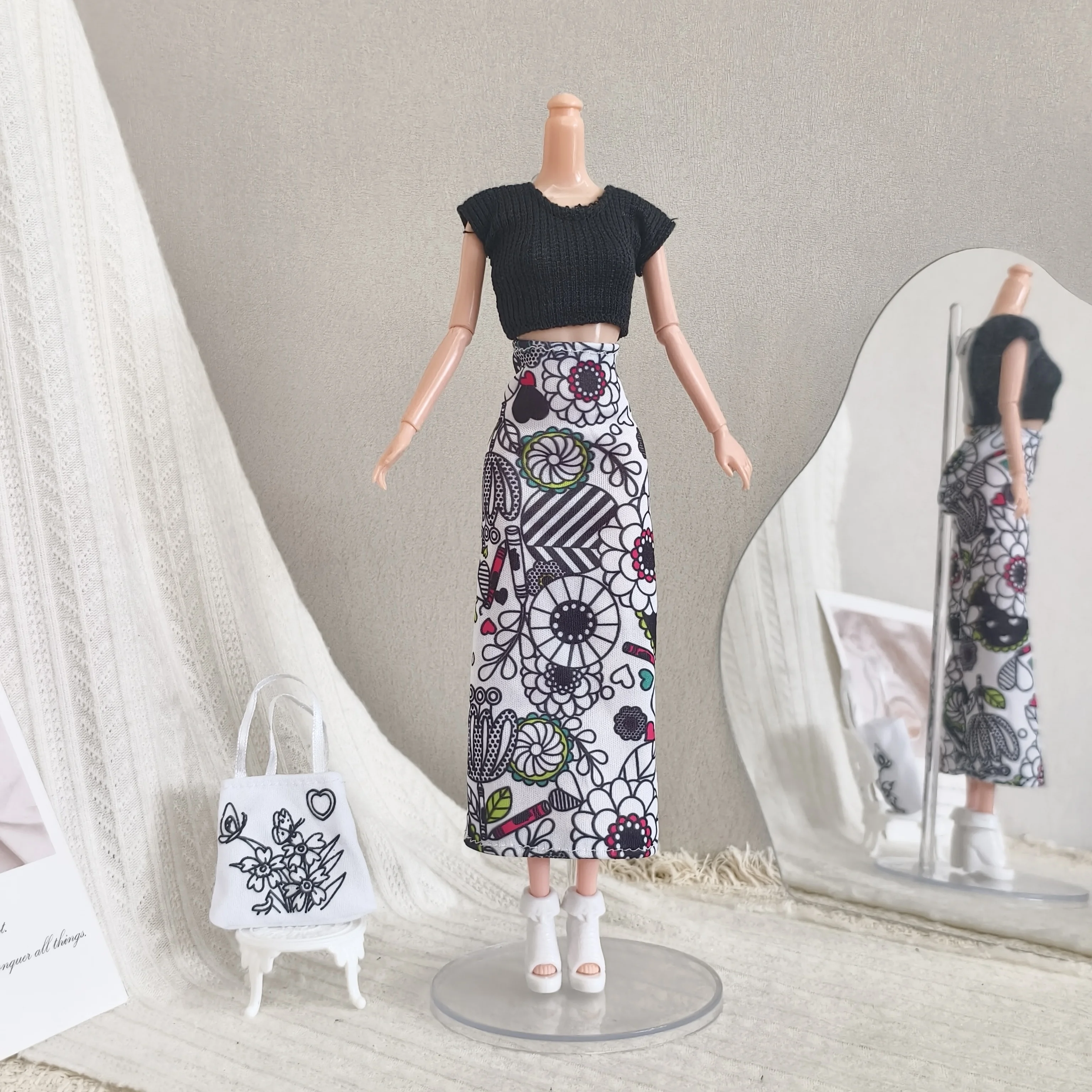 Holiday Ethnic-style Simple Black Top+floral Print Skirt+Handbag Set For 1/6 Babi Xianxian Supermodel Doll Dress Up Clothes Part