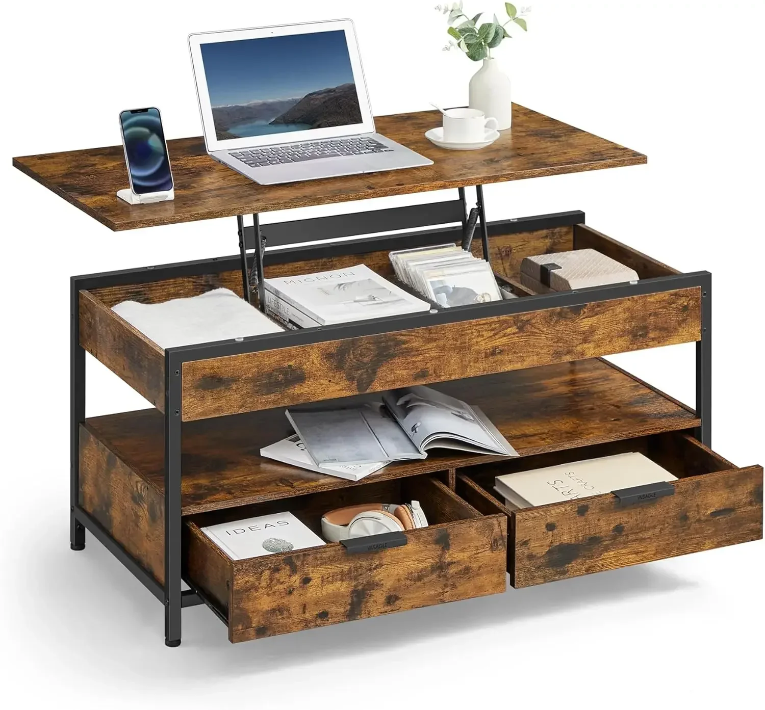 

Lift Top Coffee Table with Storage Drawers, Coffee Table for Living Room with Lifting Top, Hidden Compartments and Open Shelf