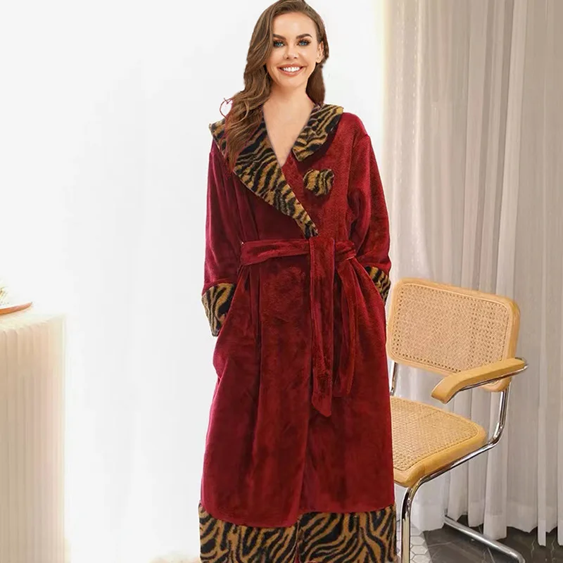 

Winter Fashion Personality Flannel Robe Women's Leopard Print Burgundy Warm Cardigan Bathrobe Lace Up Kimono Casual Homewear