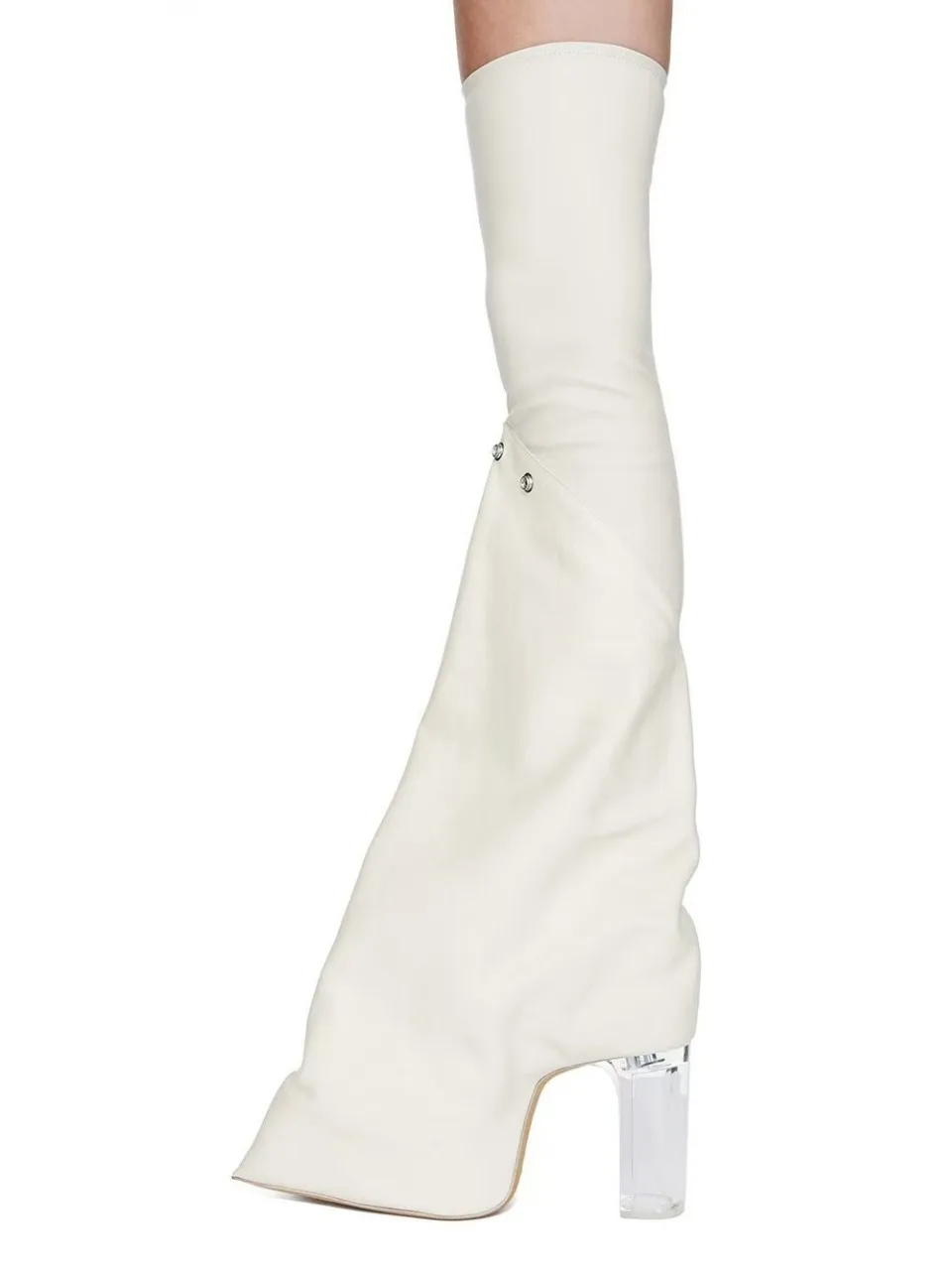 

Women's Cream Leather Over The Knee Boots Clear Lucite Block Heel Edgy Fashion Statement Boots Party